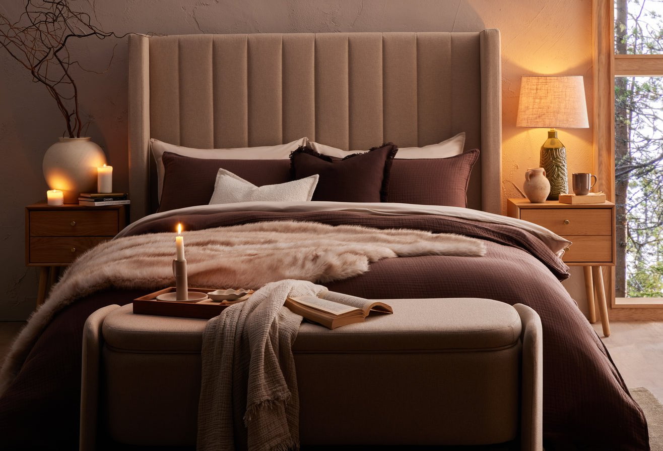 Bedroom with Madison bed, chocolate bedding, table lamp