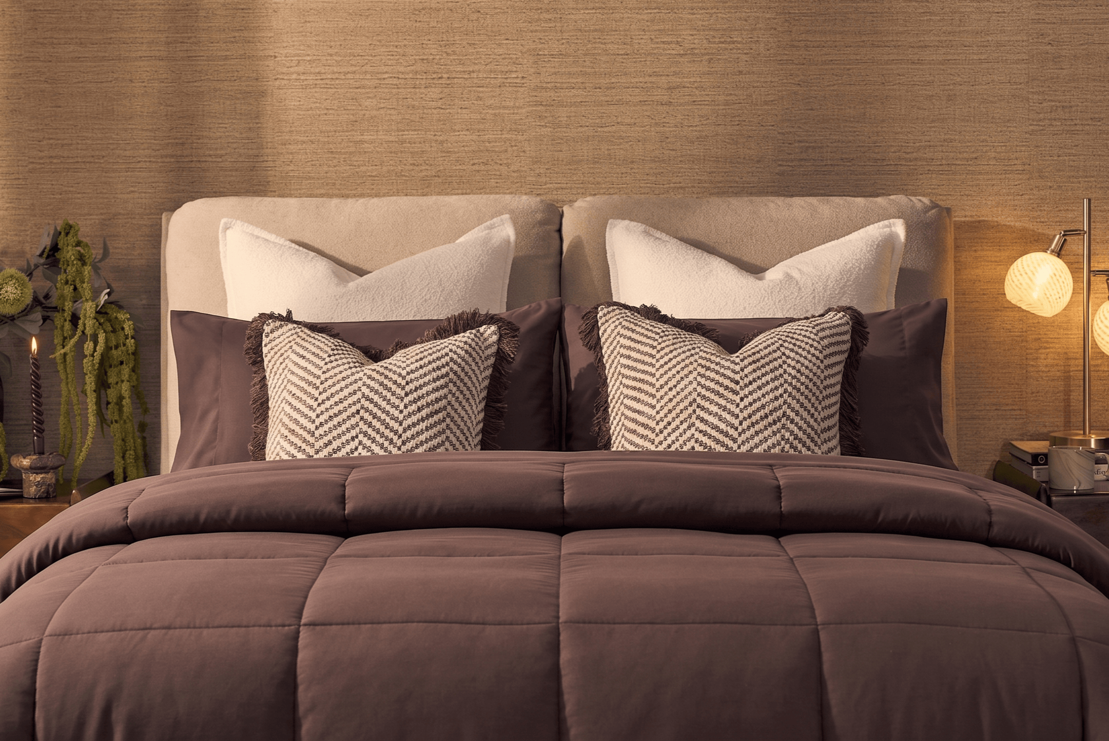 Brown coverless duvet styled with layered cushions on a neutral upholstered bed, showing quilted texture and cosy finish